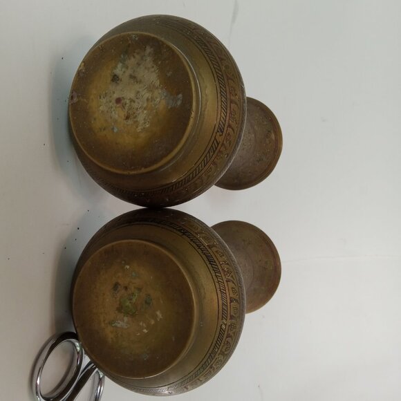 Vintage Pair Hand Painted Floral Leaf Etched India Brass Vases 9” Antique - Picture 9 of 10